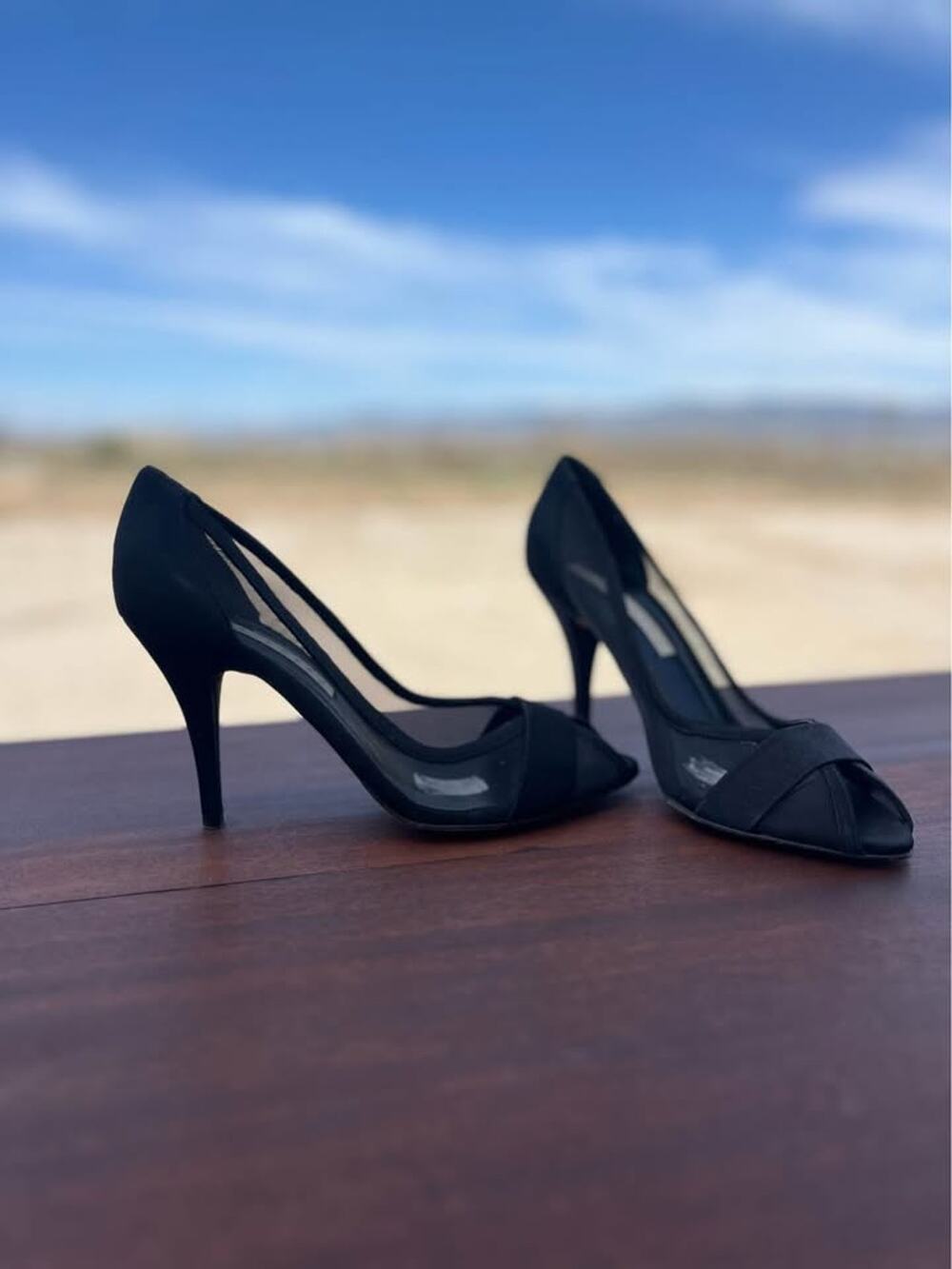 Pura Lopez Black Mesh Peep Toe Stiletto Heels Size 8